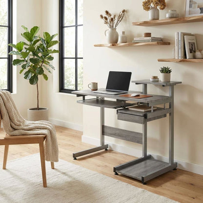 Gray Complete Computer Workstation, Sturdy Steel Frame And Mdf Panel For Office