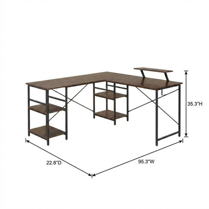 Wooden Office Desk With Storage Shelves And Brown Finish