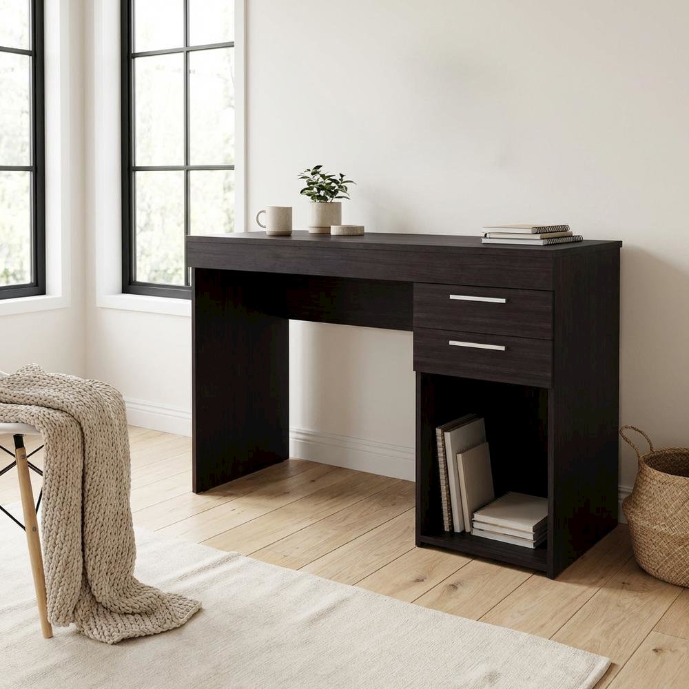 Modern white home office desk with storage, sturdy, spacious workspace