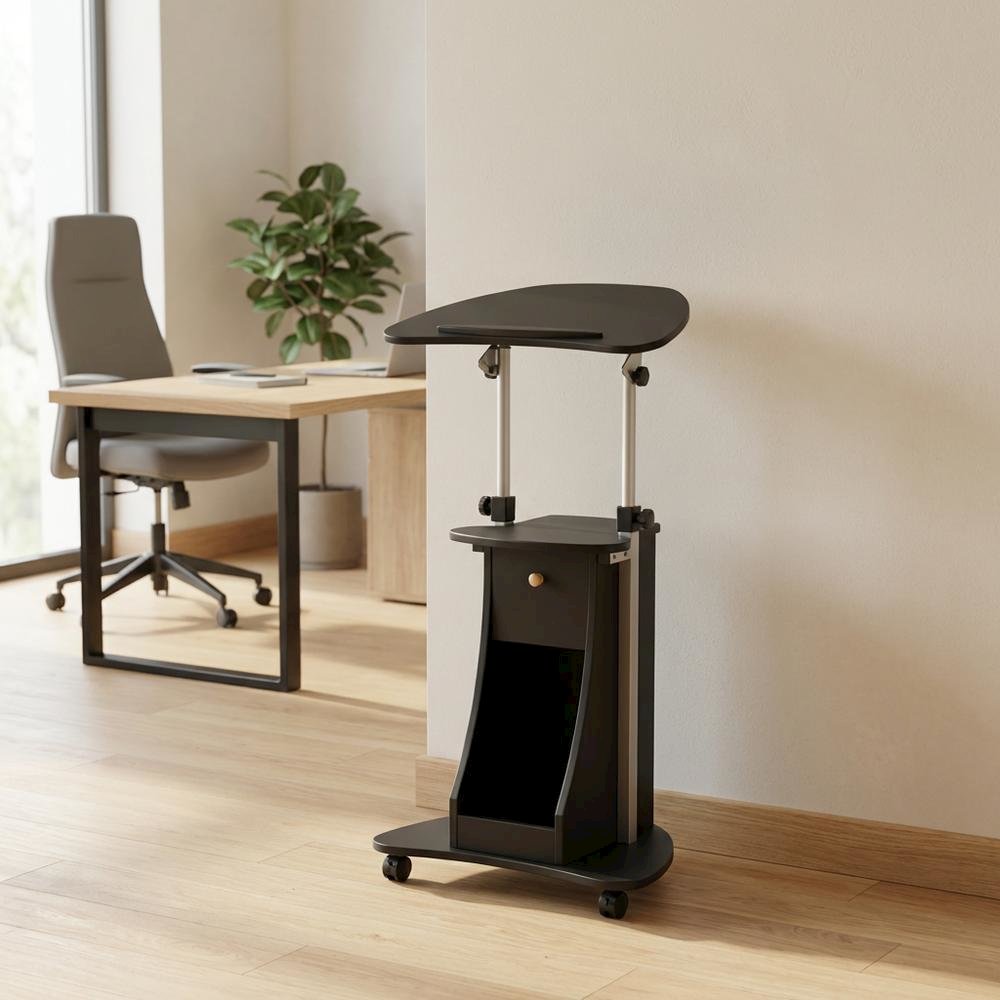 Black Rolling Adjustable Laptop Cart with Storage and Keyboard Shelf