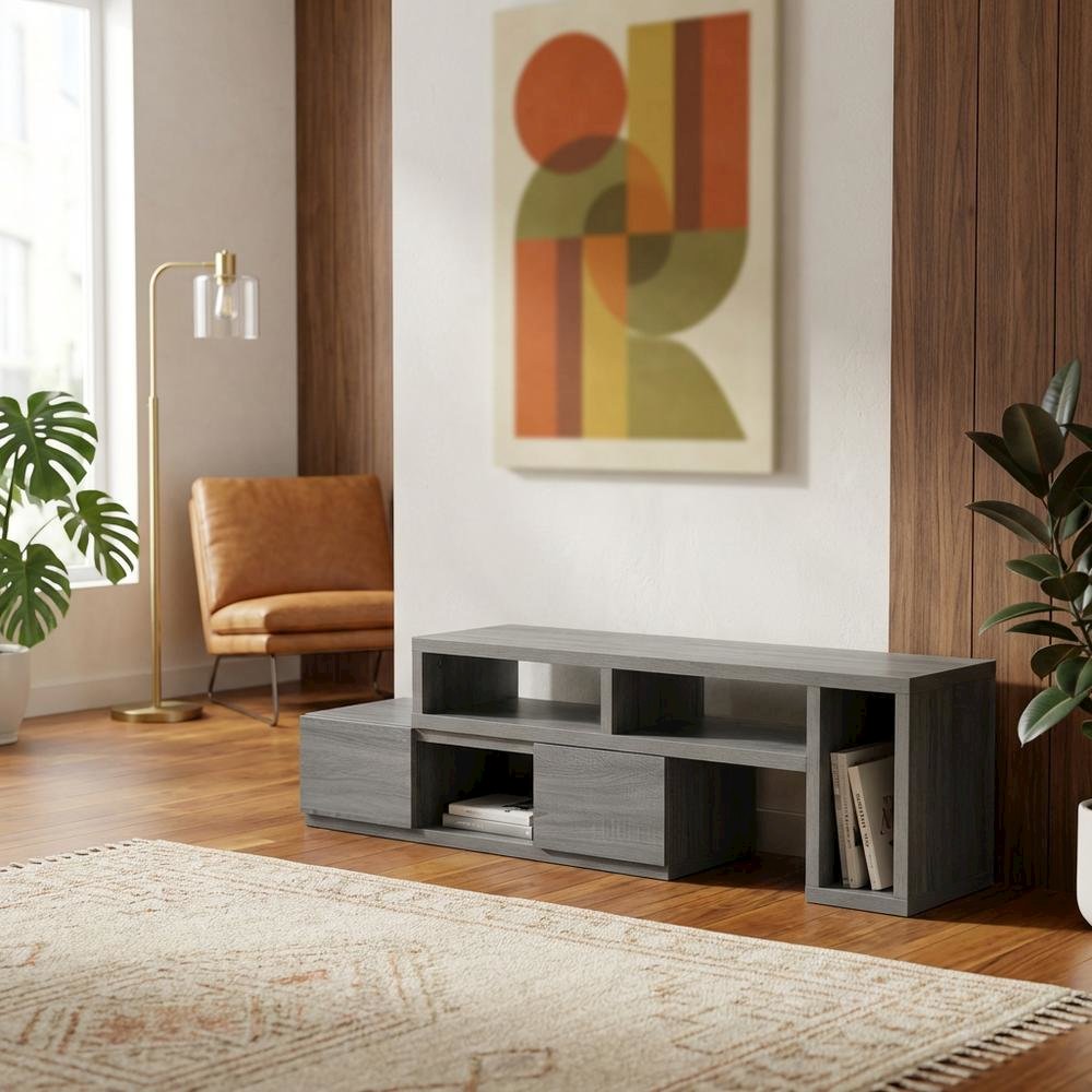 Adjustable TV Stand Console in Black with Sturdy Metal Frame, Cable Management