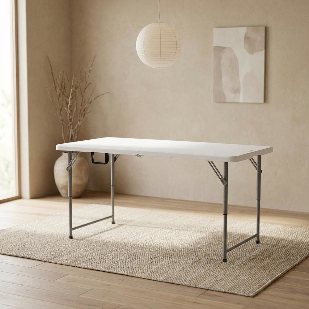 White Height Adjustable Folding Table, Granite Resin, Seats 4
