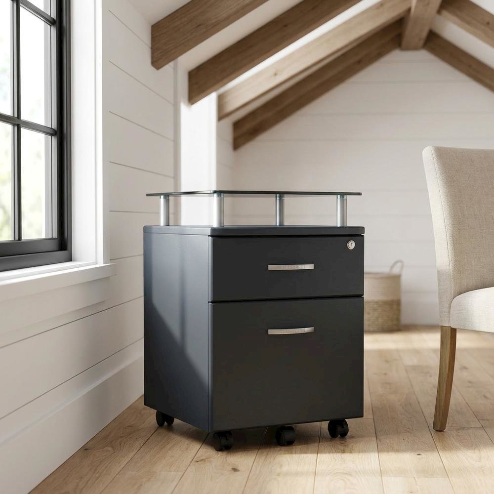 Graphite Rolling File Cabinet with Glass Top for Office Storage