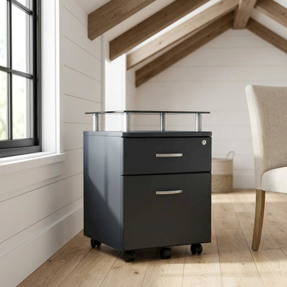Graphite Rolling File Cabinet with Glass Top for Office Storage