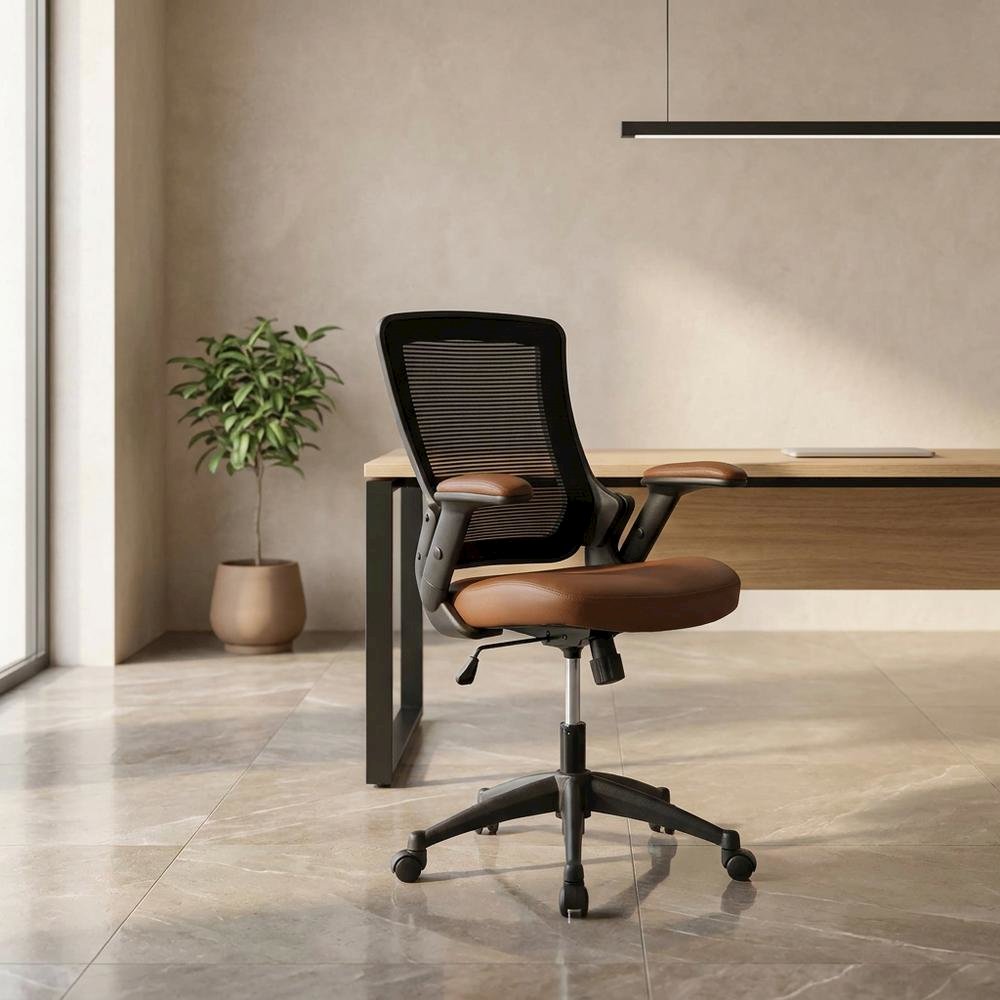 Brown Mesh Mid-Back Office Chair with Height-Adjustable Arms