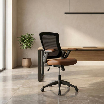 Brown Mesh Mid-Back Office Chair with Height-Adjustable Arms