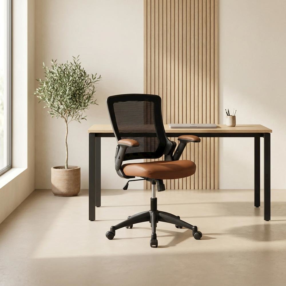 Brown Mesh Mid-Back Office Chair with Height-Adjustable Arms