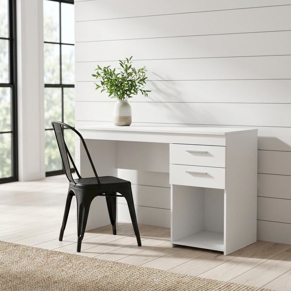 White home office workstation with storage and spacious design