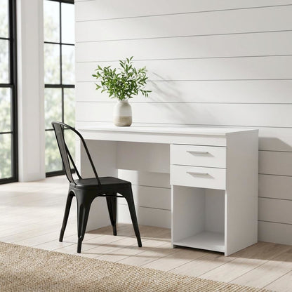 White home office workstation with storage and spacious design