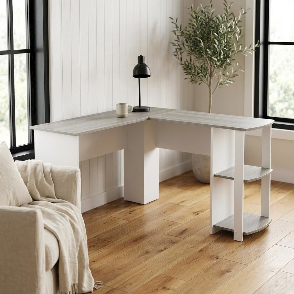 Modern Grey L-Shaped Desk with Side Shelves for Home Office Workspace