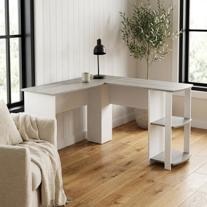 Modern Grey L-Shaped Desk with Side Shelves for Home Office Workspace