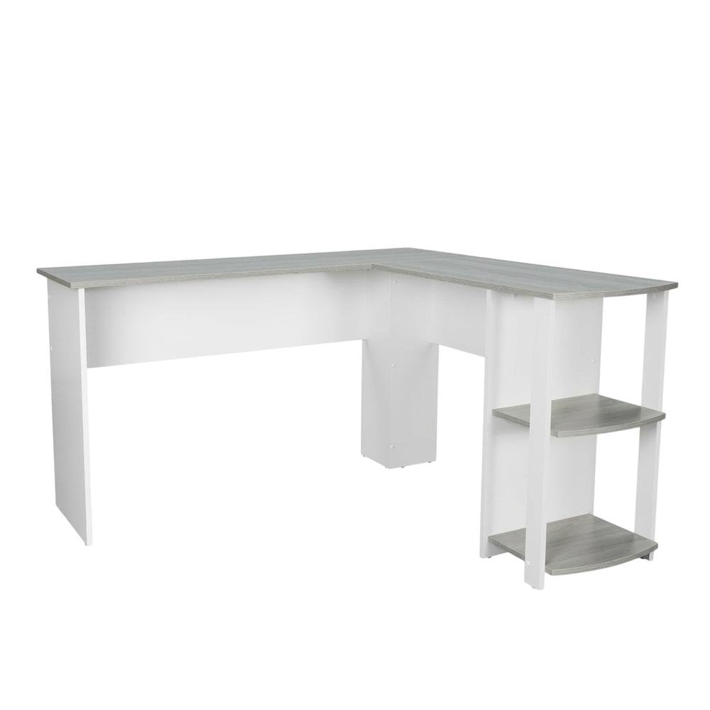 Modern Grey L-Shaped Desk with Side Shelves for Home Office Workspace