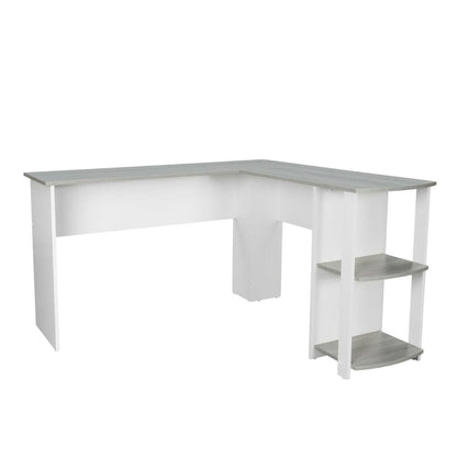 Modern Grey L-Shaped Desk with Side Shelves for Home Office Workspace