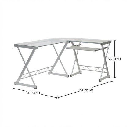 L-Shaped Clear Glass Top Computer Desk, Pull-Out Keyboard Shelf And Cpu Caddy