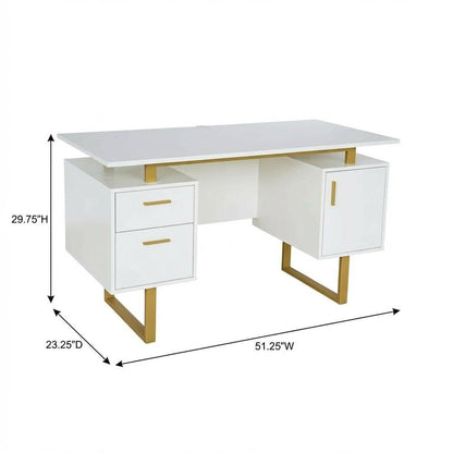 White And Gold Office Desk With Drawers And Storage Compartments