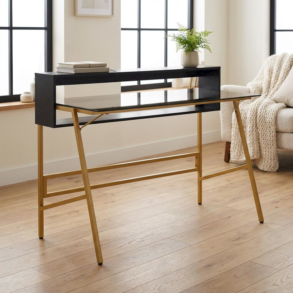 Gold Home Office Writing Desk With Adjustable Riser, Modern Design