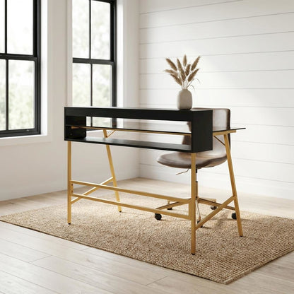 Gold Home Office Writing Desk With Adjustable Riser, Modern Design
