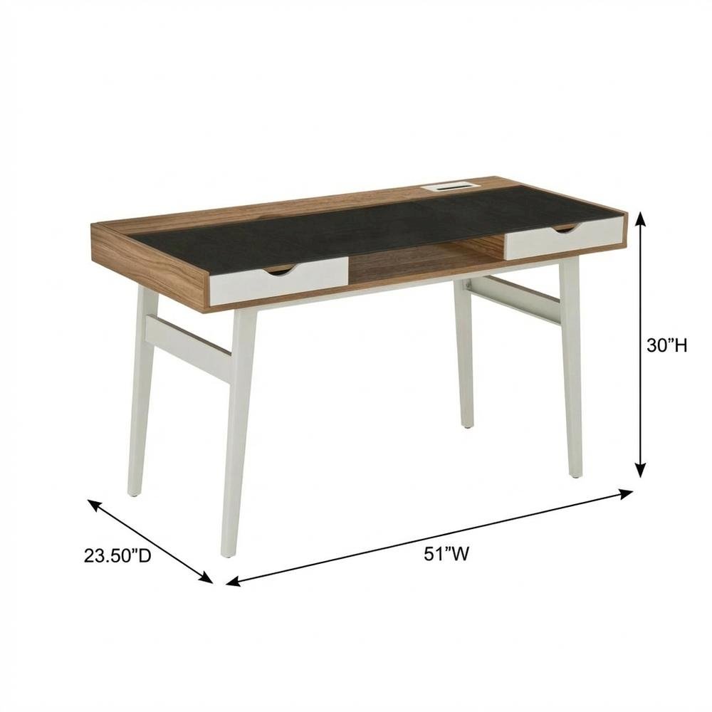Walnut Compact Computer Desk with Storage and Tempered Glass Top