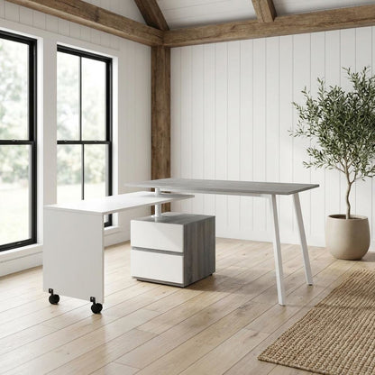 Gray rotating multi-position modern desk for computer workstations, MDF surface