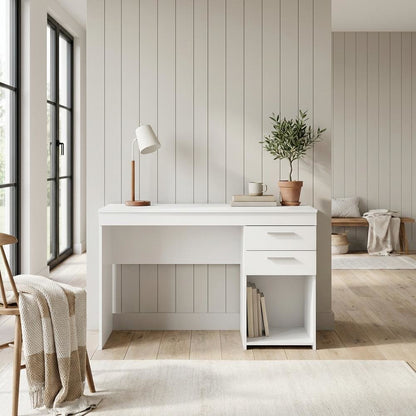 White home office workstation with storage and spacious design