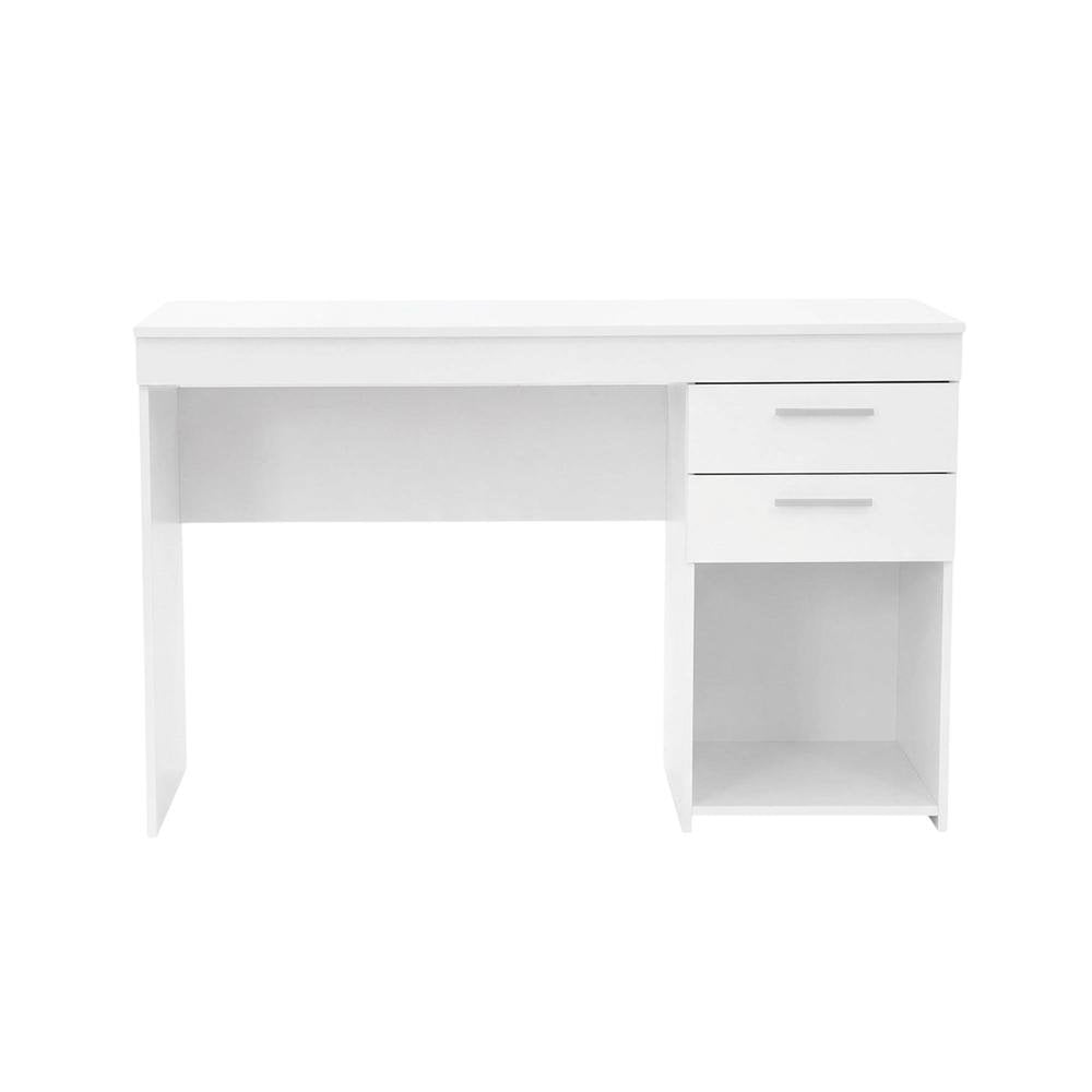 White home office workstation with storage and spacious design