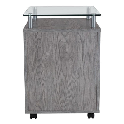 Grey Rolling File Cabinet with Glass Top and Smooth Mobility for Home or Office
