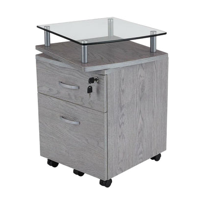 Grey Rolling File Cabinet with Glass Top and Smooth Mobility for Home or Office
