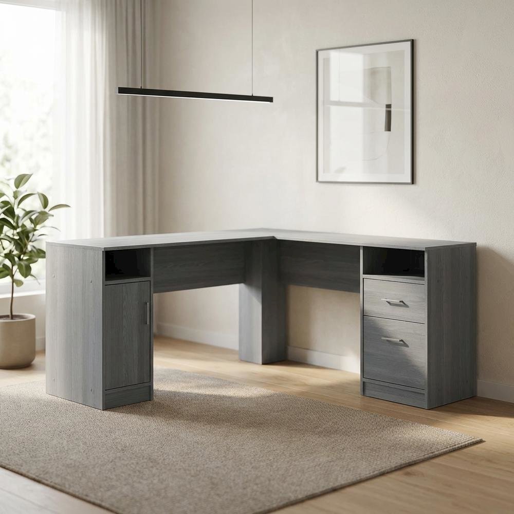 Grey L-Shape Desk with Storage and Slim Design for Home Office