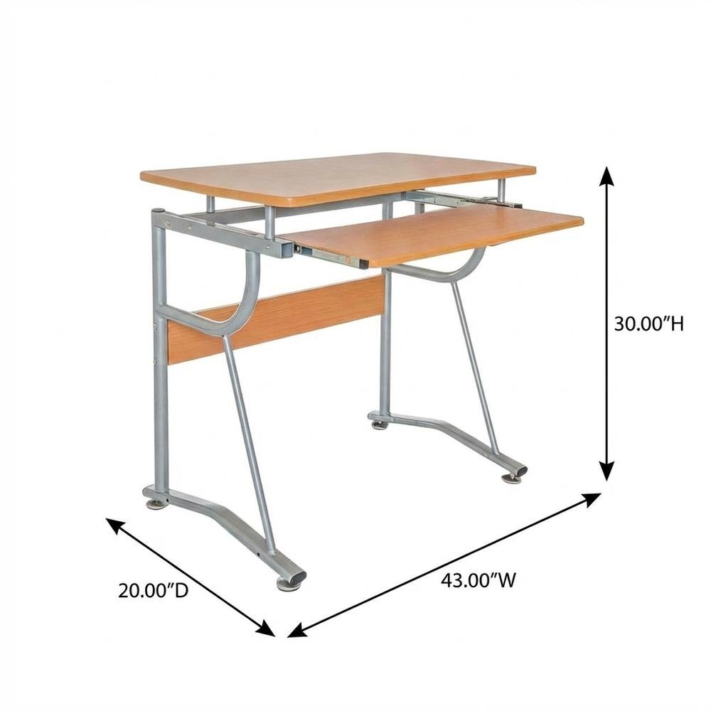 Cherry Finish Compact Computer Desk, Side Shelf, Keyboard Panel For Workspace