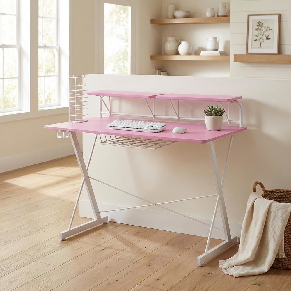 Black carbon gaming desk with shelving for computer workstations