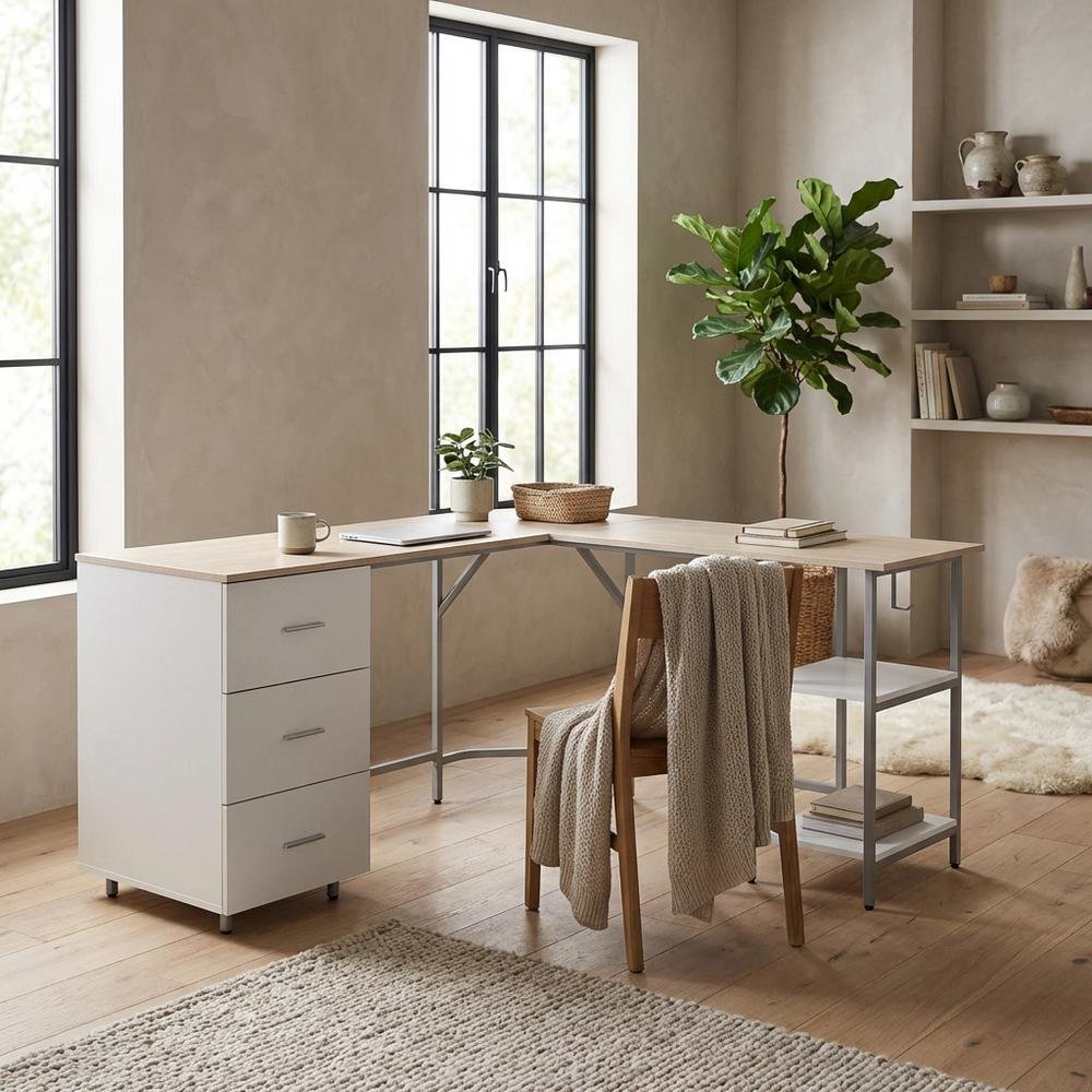 Two-Tone Desk, Storage, Sand Finish Modern Workstation, Drawer And Shelf