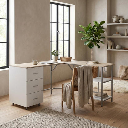 Two-Tone Desk, Storage, Sand Finish Modern Workstation, Drawer And Shelf