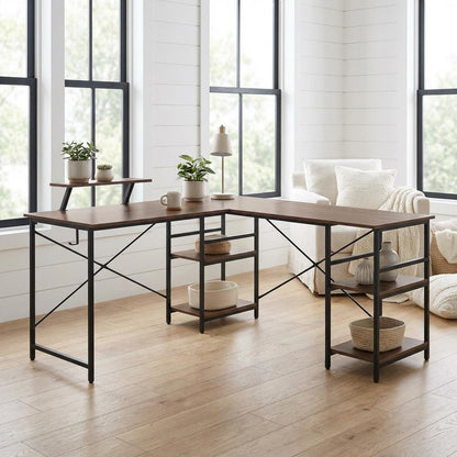 Wooden Office Desk With Storage Shelves And Brown Finish