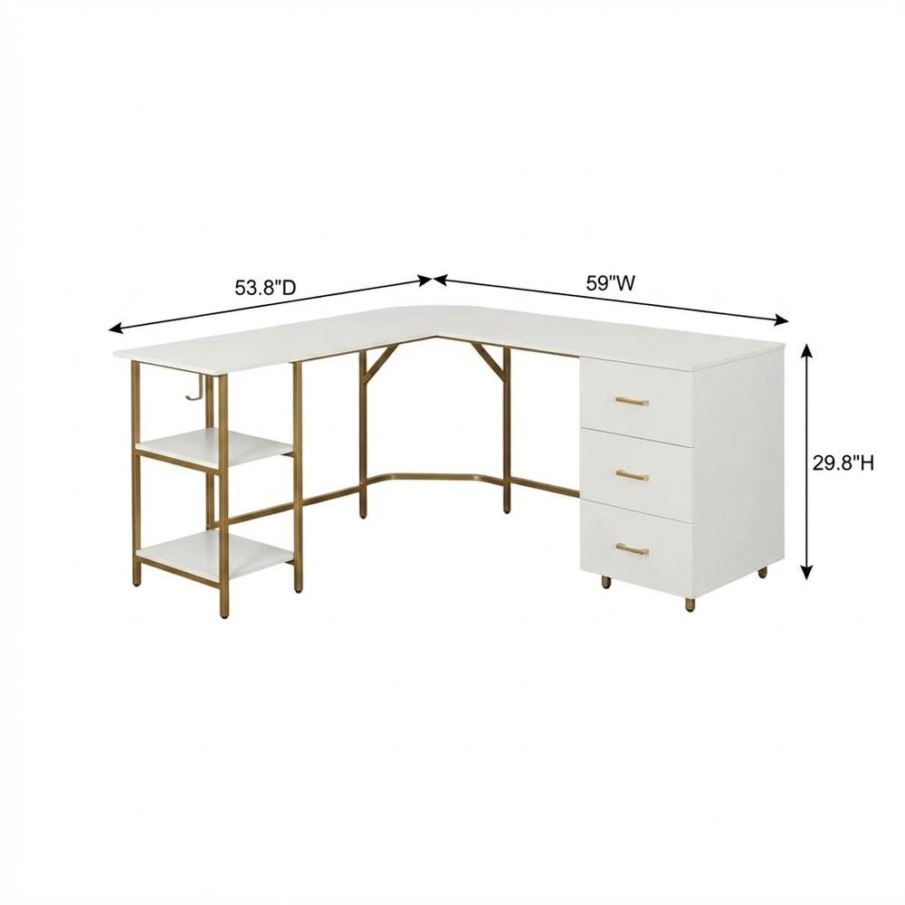 Two-Tone Desk With Storage In Gold For Office Workspace, Modern Design