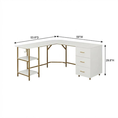 Two-Tone Desk With Storage In Gold For Office Workspace, Modern Design