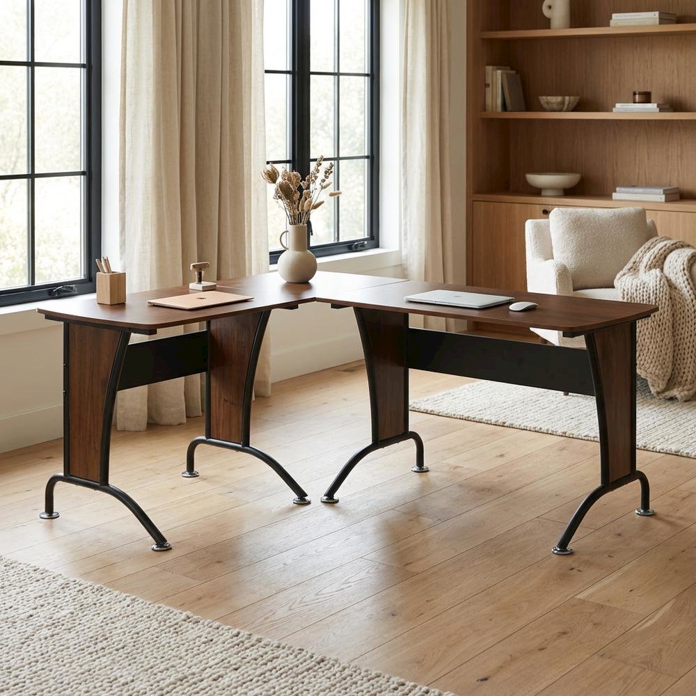 L-Shaped Office Desk With Inline Team Configuration And Keyboard Shelf