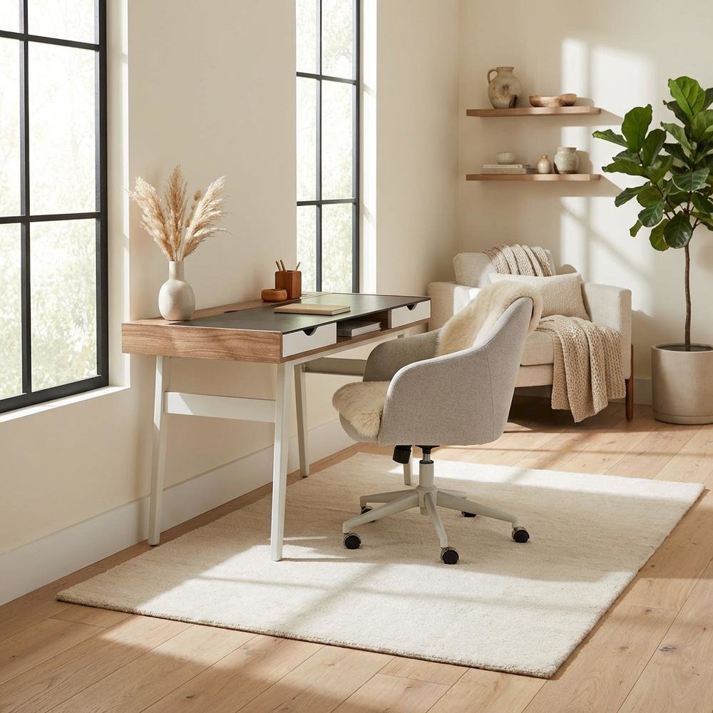 Walnut Compact Computer Desk with Storage and Tempered Glass Top