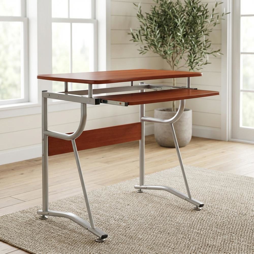 Cherry Finish Compact Computer Desk, Side Shelf, Keyboard Panel For Workspace