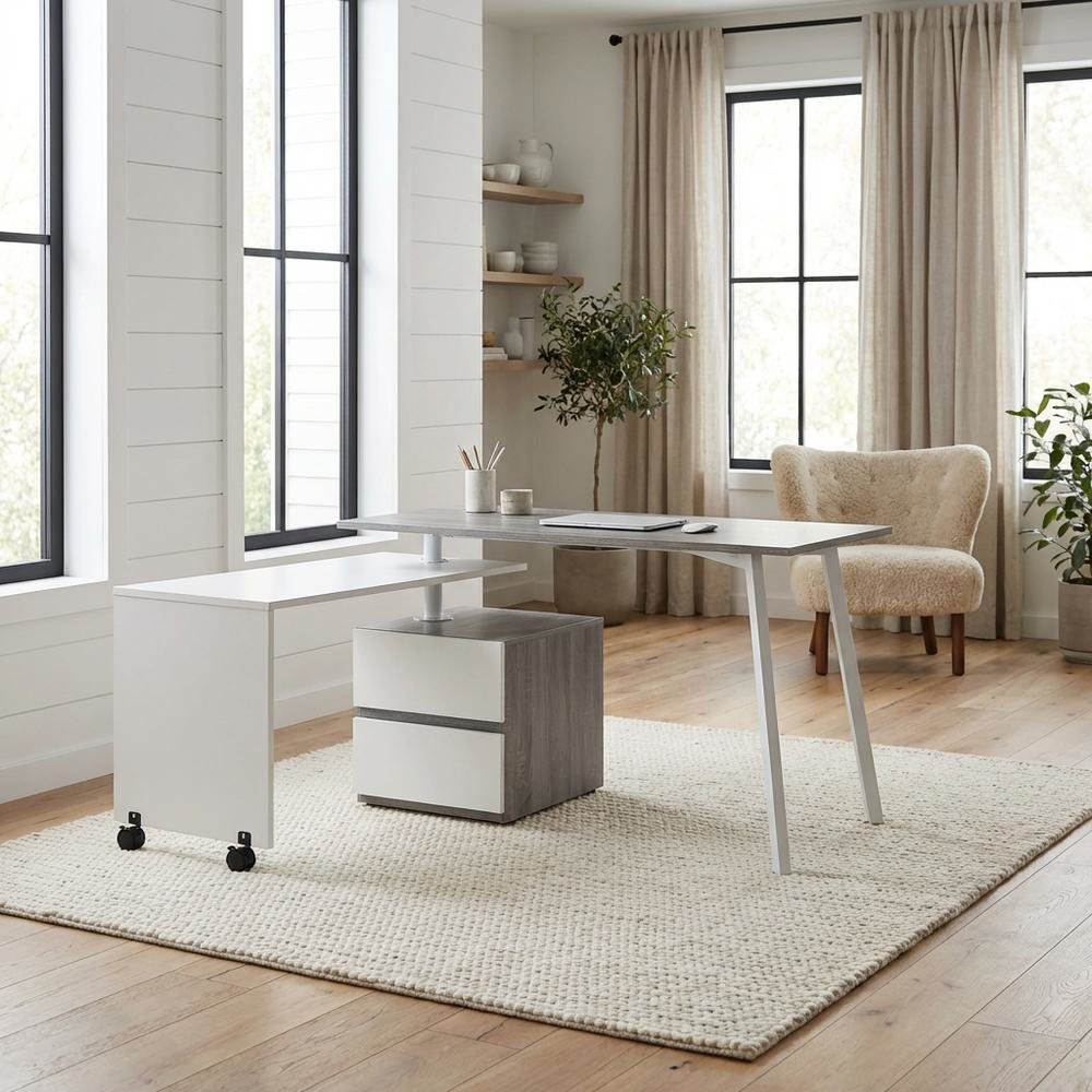 Gray rotating multi-position modern desk for computer workstations, MDF surface