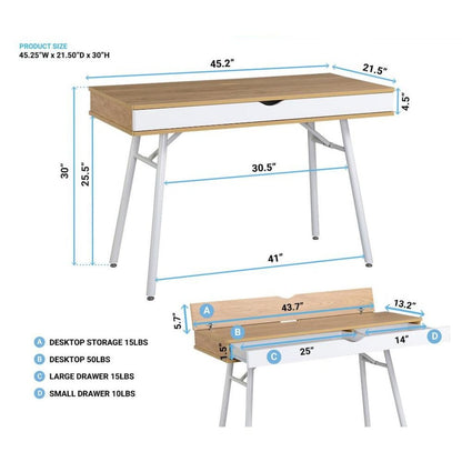 Light Brown Wood Desk With 1 Drawer, White Frame Compact Writing Desk For Home