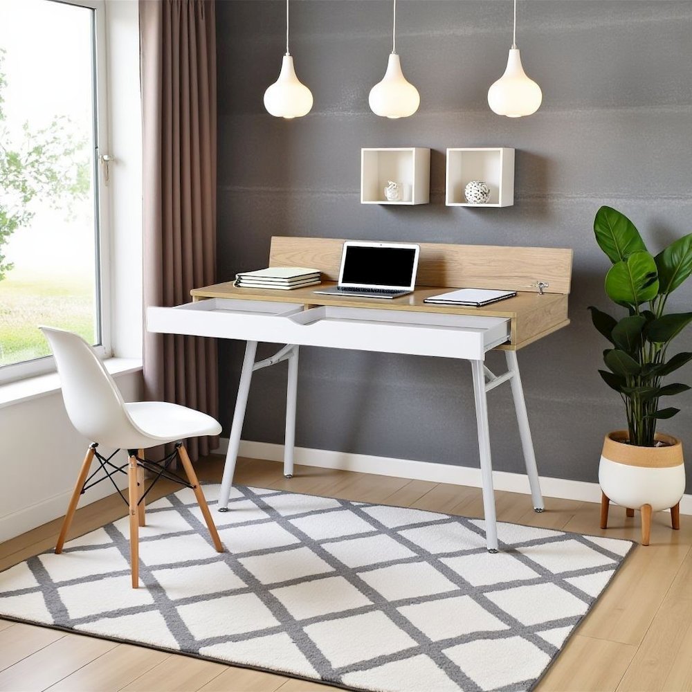 Light Brown Wood Desk With 1 Drawer, White Frame Compact Writing Desk For Home