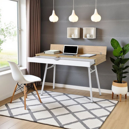 Light Brown Wood Desk With 1 Drawer, White Frame Compact Writing Desk For Home