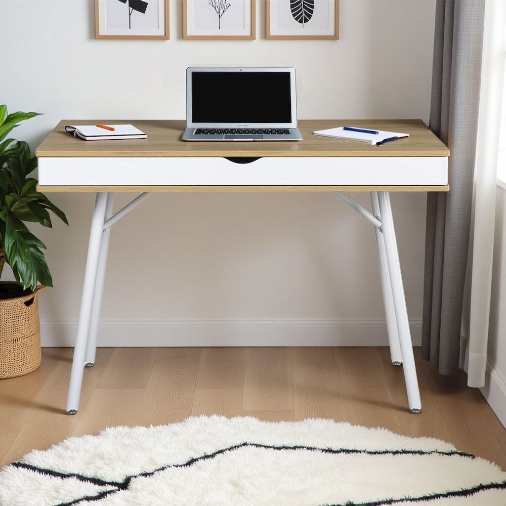 Light Brown Wood Desk With 1 Drawer, White Frame Compact Writing Desk For Home