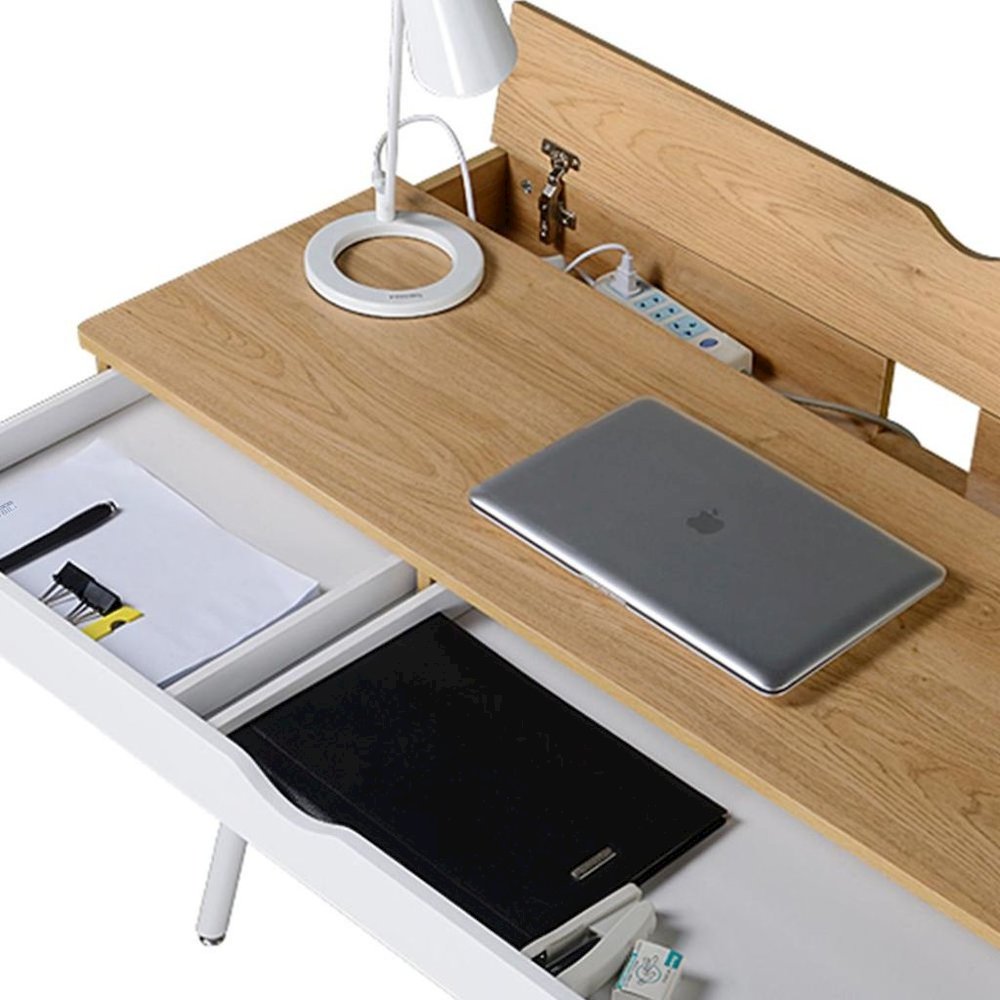 Light Brown Wood Desk With 1 Drawer, White Frame Compact Writing Desk For Home