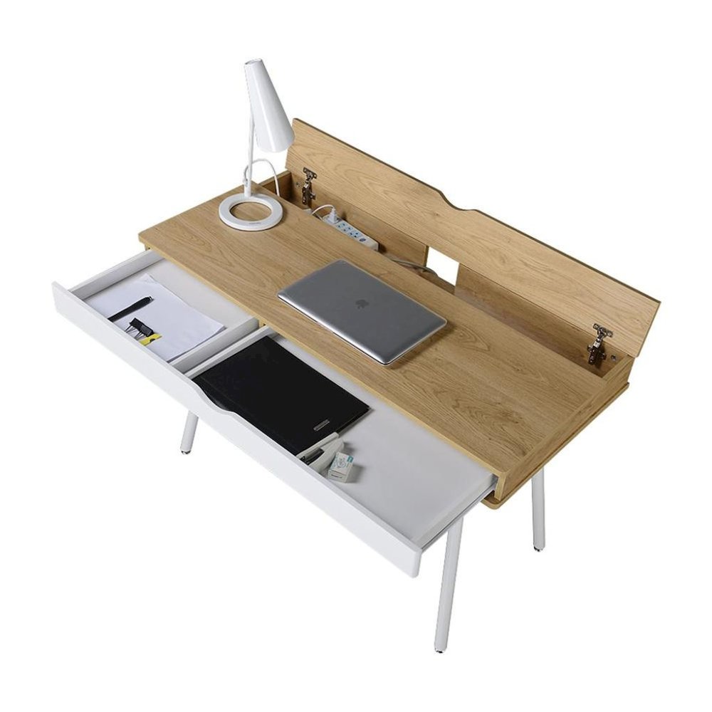 Light Brown Wood Desk With 1 Drawer, White Frame Compact Writing Desk For Home
