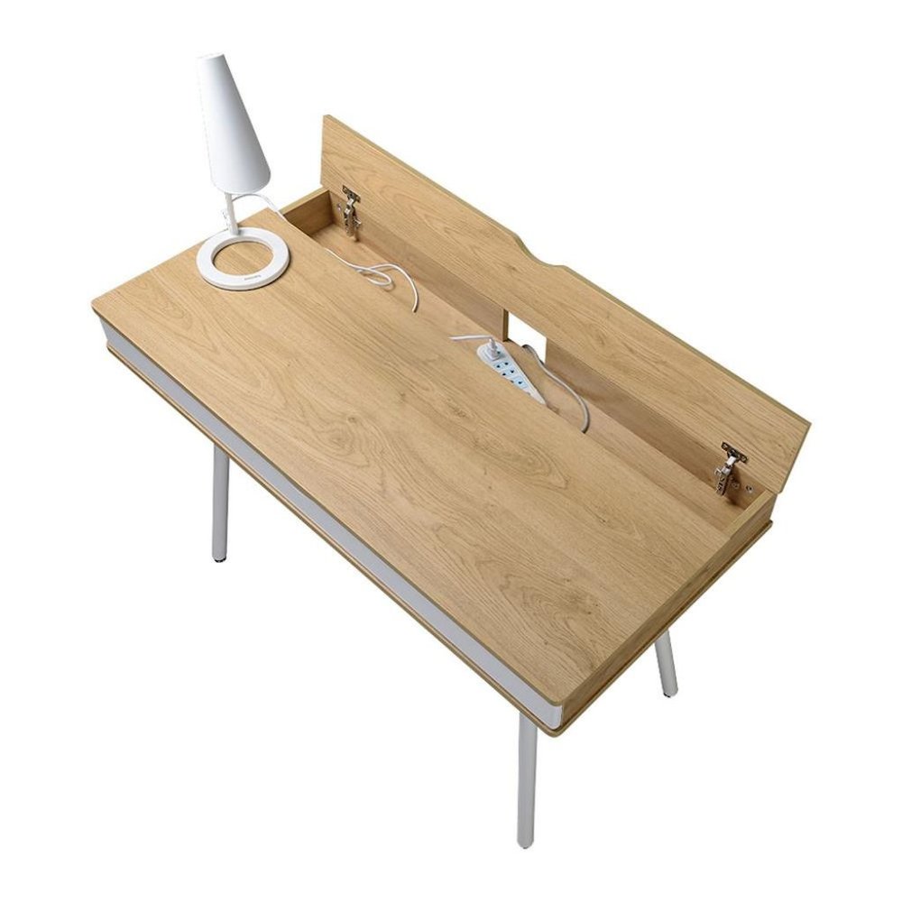 Light Brown Wood Desk With 1 Drawer, White Frame Compact Writing Desk For Home