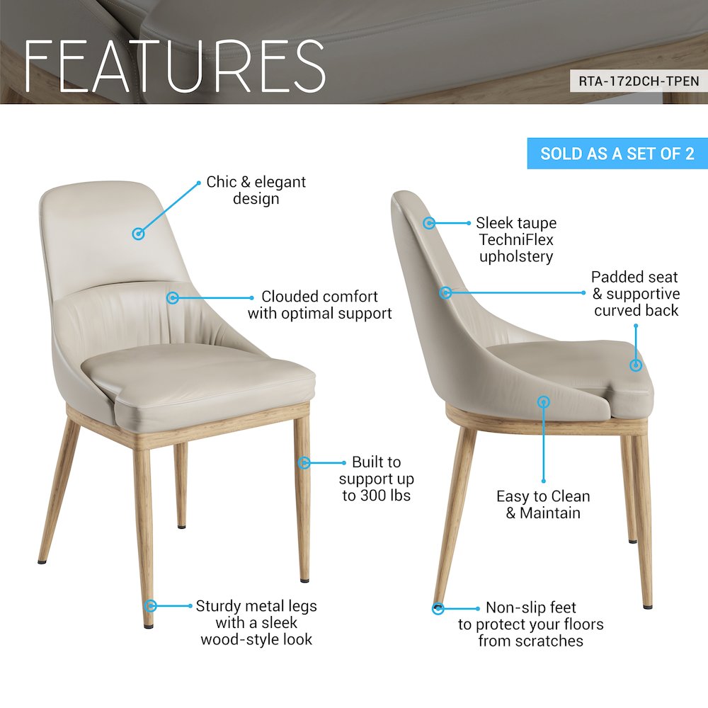 Armless Taupe Dining Chairs with Wood-Look Legs - Set of 2