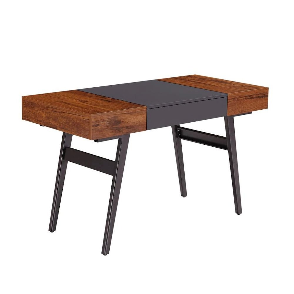 Black And Mahogany Wood Desk With Drawers, Metal Writing Table Design