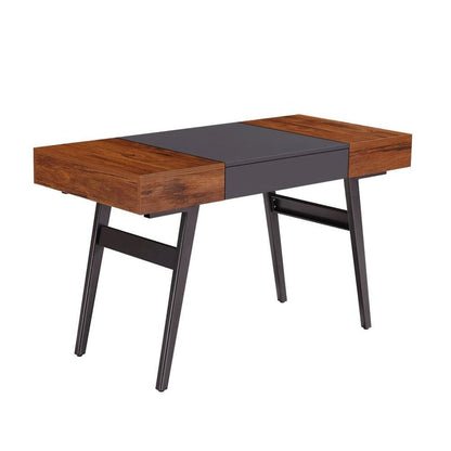 Black And Mahogany Wood Desk With Drawers, Metal Writing Table Design