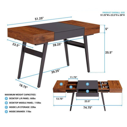 Black And Mahogany Wood Desk With Drawers, Metal Writing Table Design